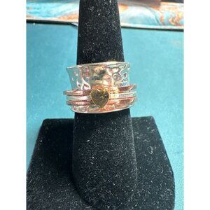 Hammered Sterling Silver Wide Band Spinner Ring With Copper Accents & Heart Desi